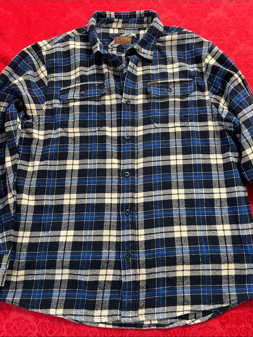 Orvis Men’s Blue White Plaid Flannel Utility Shirt 4 Pocket Button Down